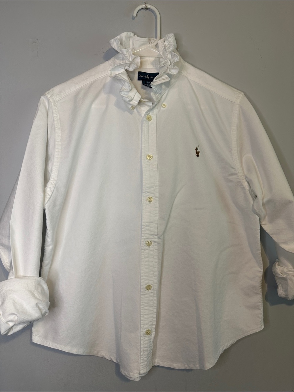 Ralph Lauren White Ruffle Collar Button-Down Shirt
